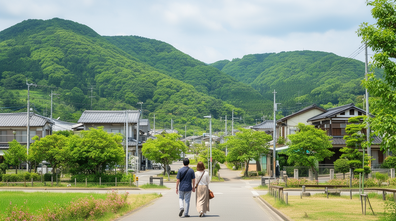 小郡の街並みと緑豊かな景色を高台から眺めるお出かけ風景