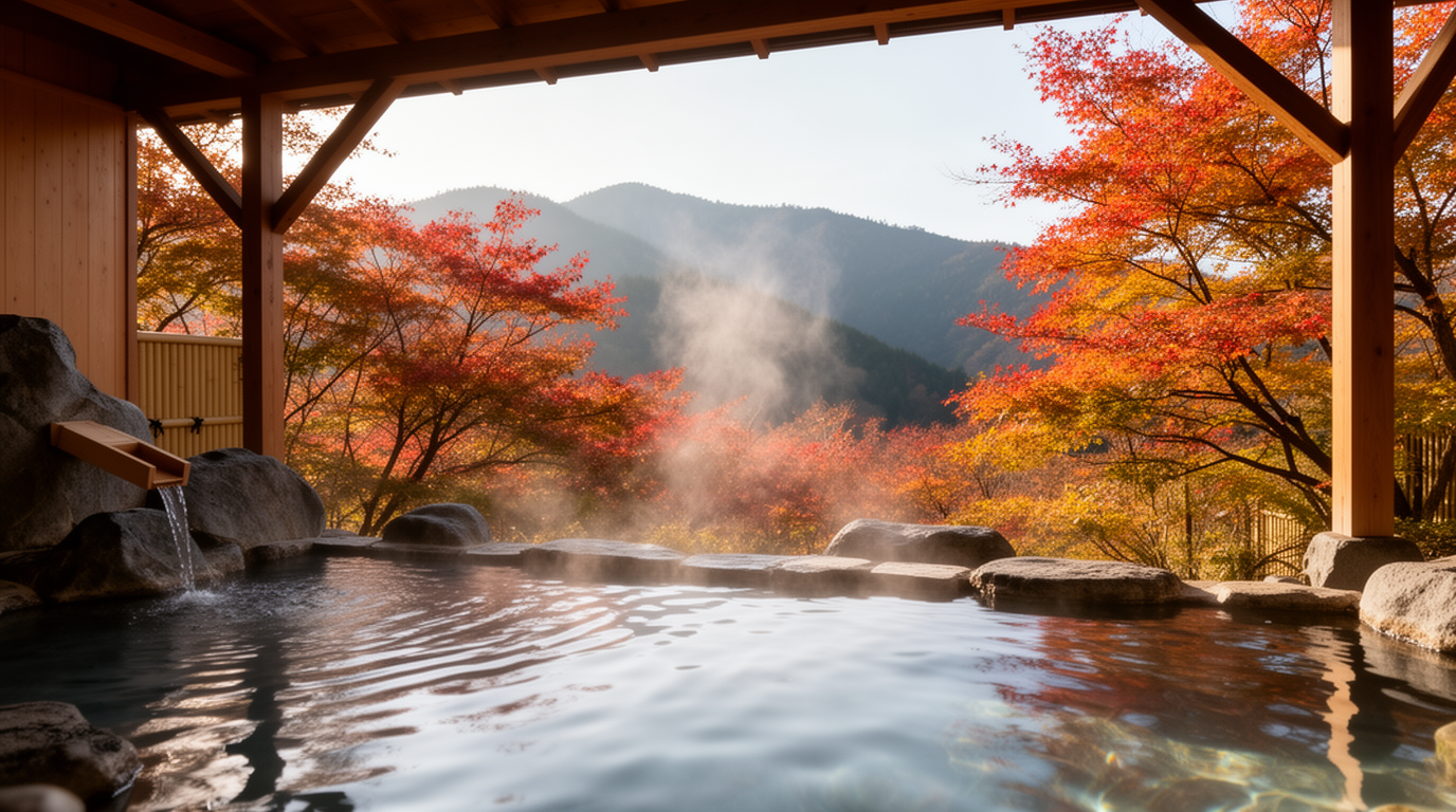 山の景色を眺めながら楽しめる露天風呂をイメージした温泉風景