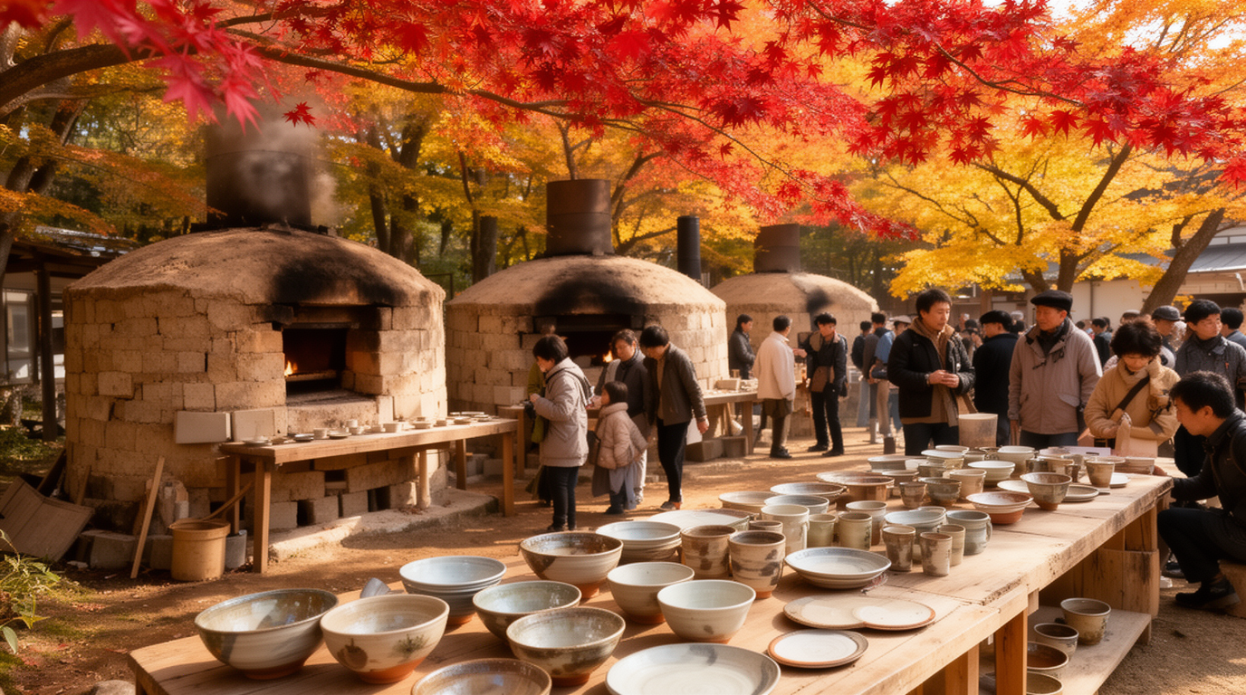 うきはの一の瀬焼をイメージした、秋の紅葉の中に手仕事の器や湯のみ、皿が並ぶ陶器祭り
