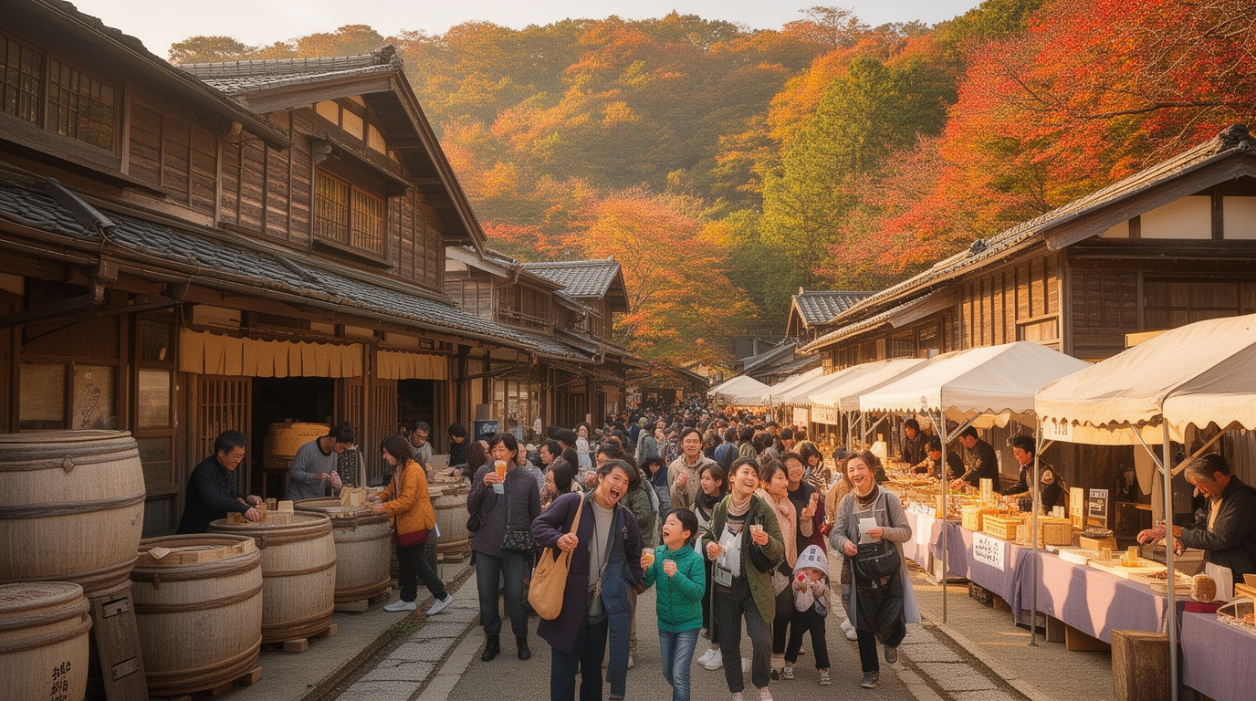 うきはの酒蔵をイメージした、伝統的な木造の蔵と日本酒の樽、秋の屋台が並ぶにぎやかな蔵開き
