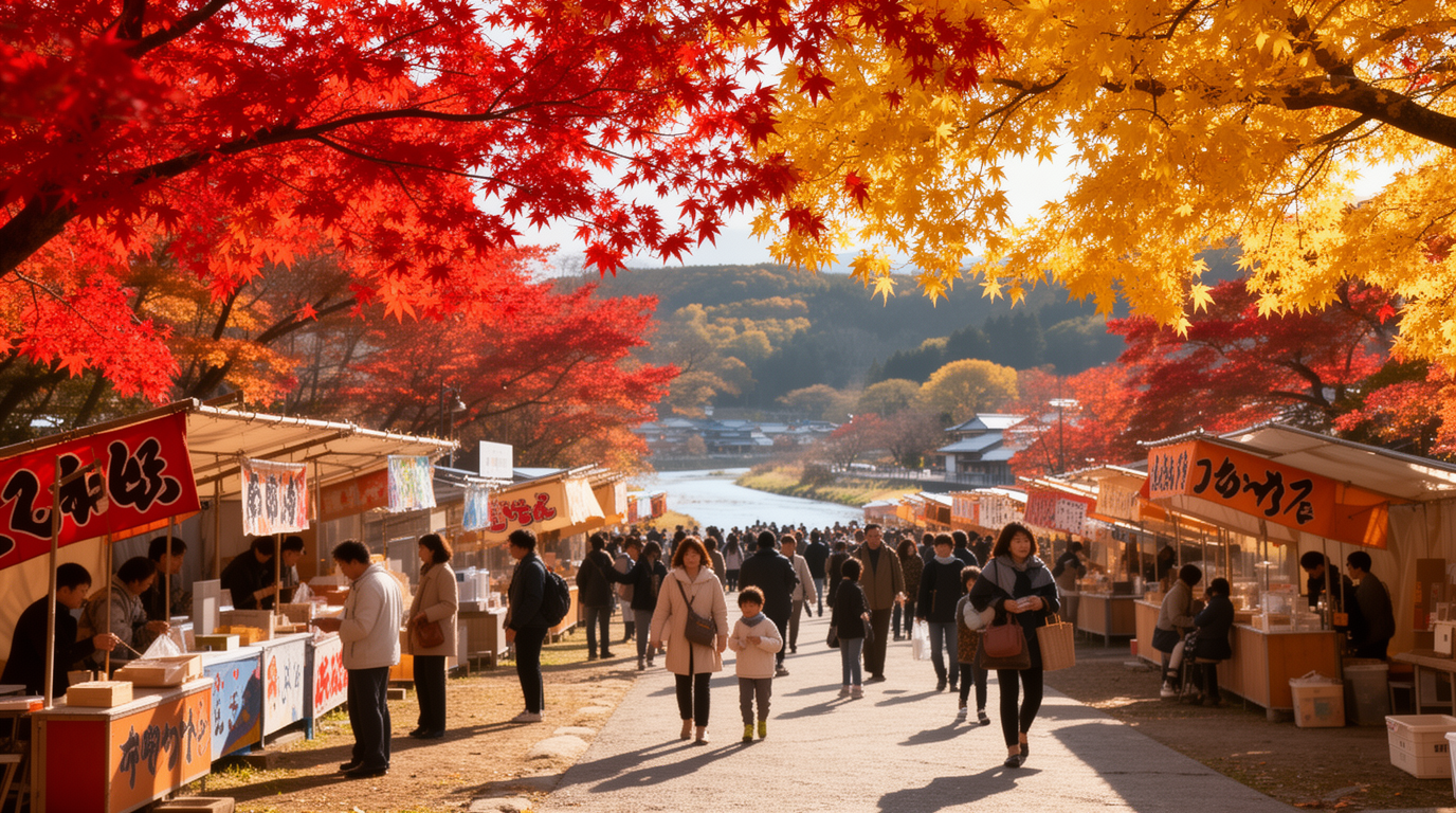 2026年11月の久留米・筑後・小郡周辺のおでかけ情報をイメージした、紅葉と秋の街並みのアイキャッチ画像