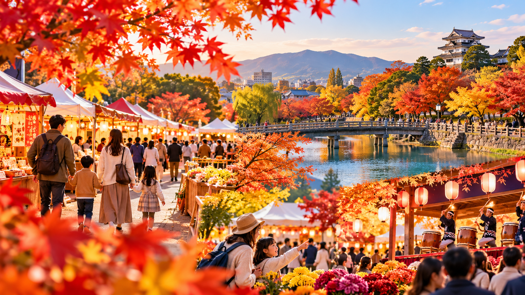 久留米市の秋の紅葉と地域イベントを楽しむ人々のイメージ