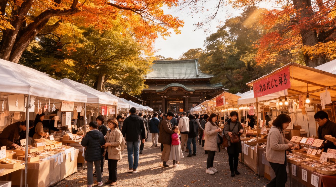 筑後市の秋イベントをイメージした、神社近くの屋外マルシェに飲食店が並び家族連れが楽しむ風景