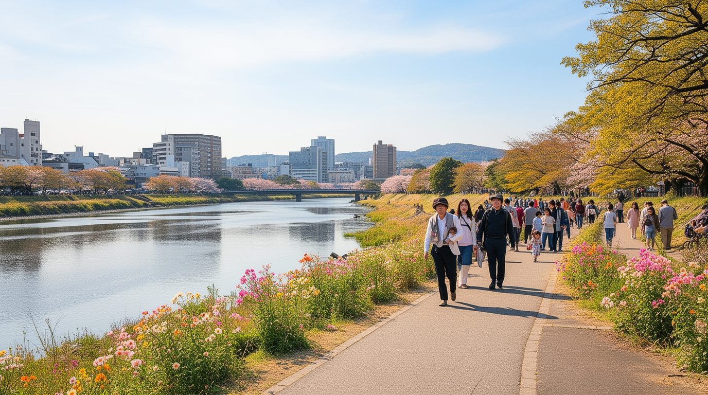 久留米の街並みと桜、川沿いの景色をイメージしたお出かけ風景