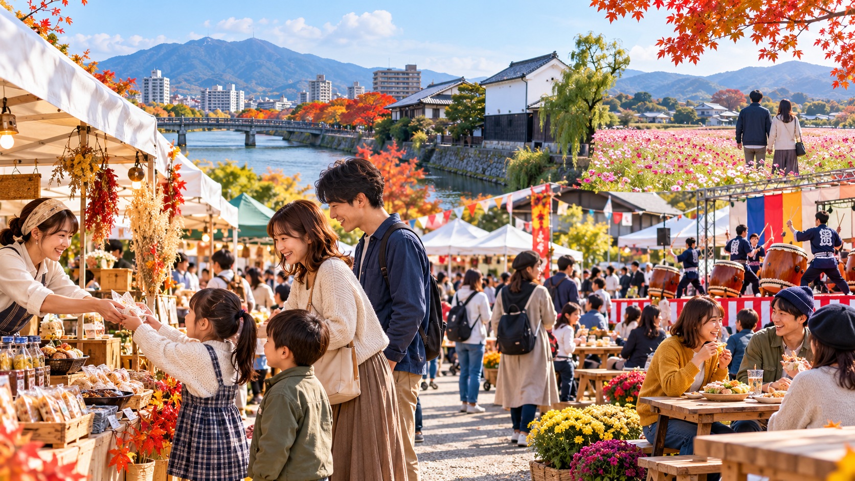 秋のマルシェや屋外イベント、家族連れのにぎわいを描いた、11月7日・8日の今週末イベントまとめ記事のアイキャッチ