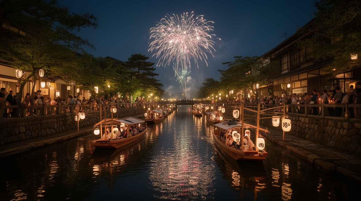 柳川の白秋祭水上パレードをイメージした、行灯が浮かぶ夜の掘割を進む灯りをともした舟と花火