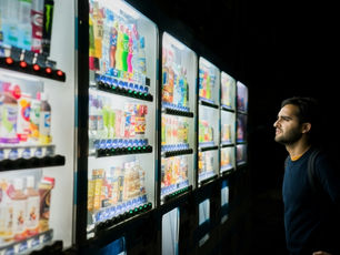 Man looks thoughtfully at brightly lit vending machines full of assorted snacks and drinks in a dimly lit setting