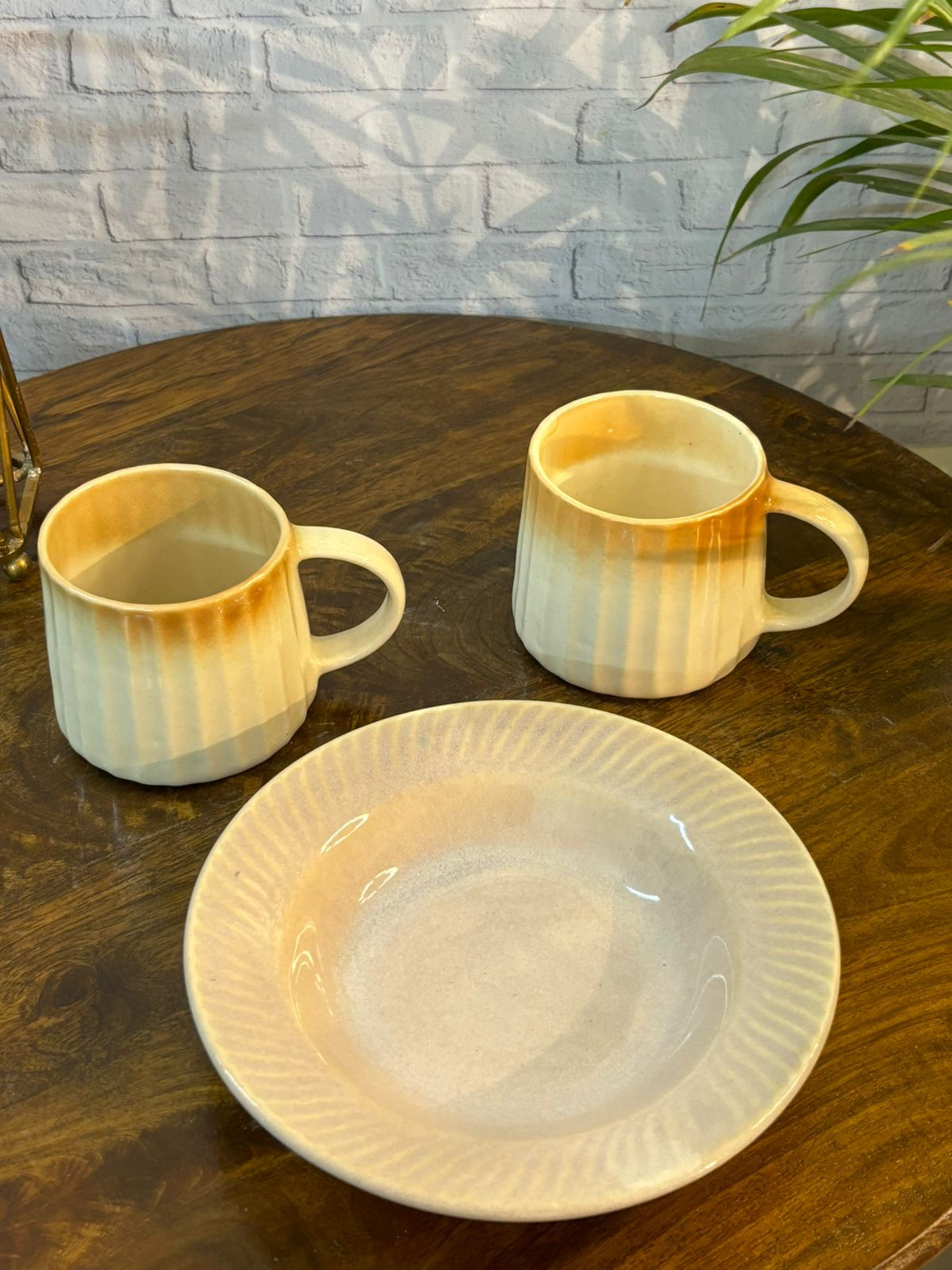 Beige Coffee Mugs & Beige Pasta Plate Combo Set of 3
