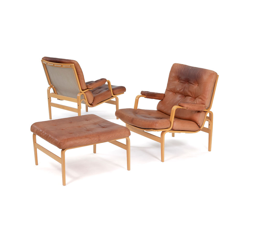 Thumbnail: Bruno Mathsson for Dux Ingrid Patina Leather Chairs and Ottoman