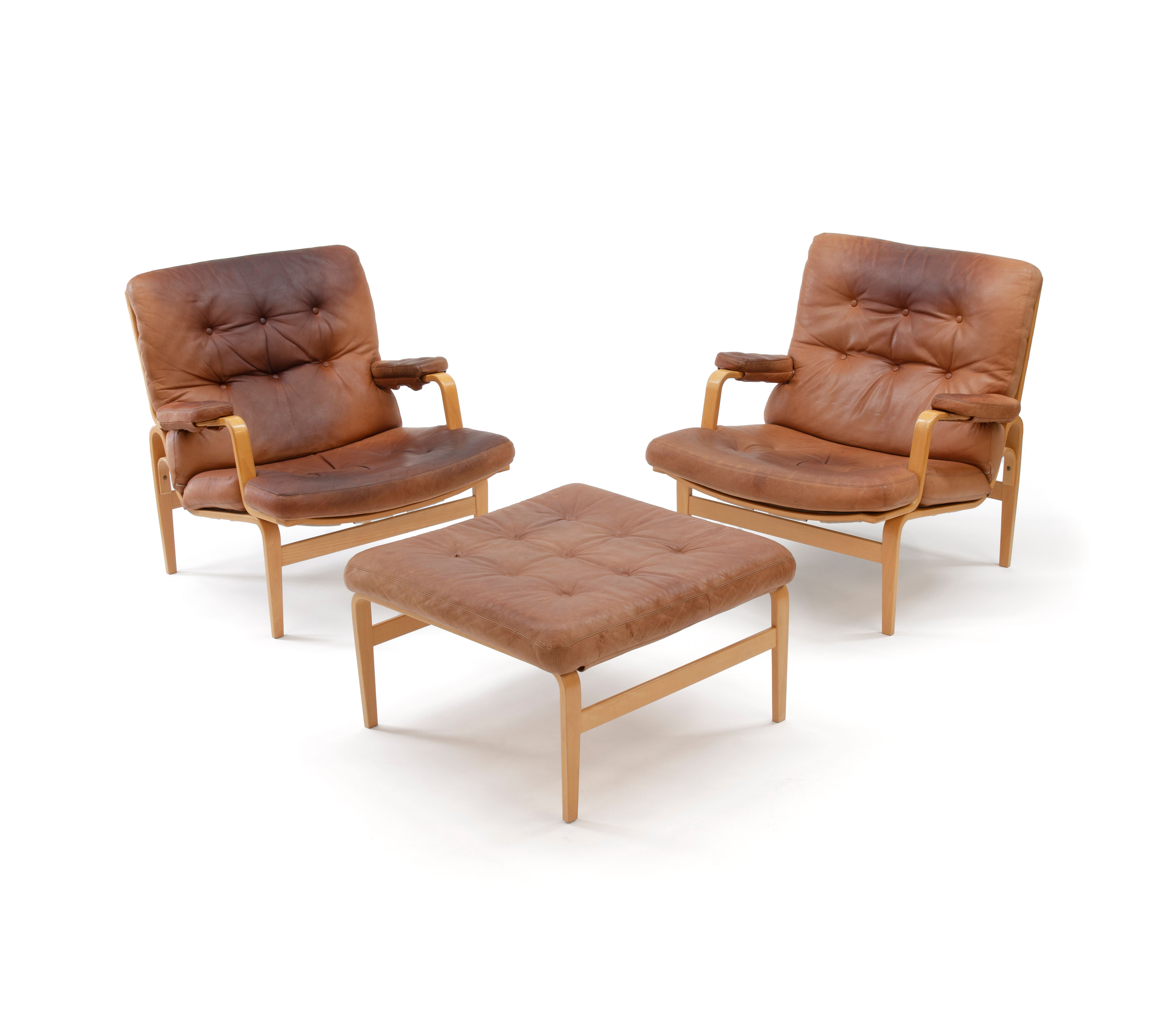 Bruno Mathsson for Dux Ingrid Lounge Chairs and Ottoman