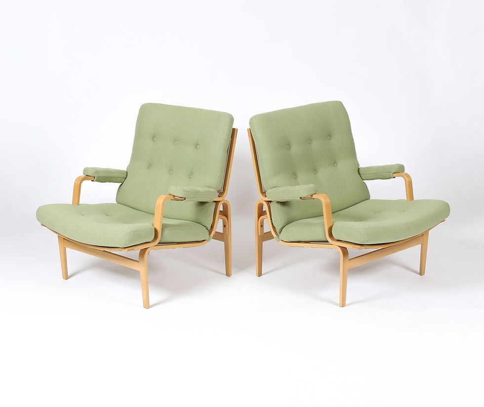 Thumbnail: Pair of Bruno Mathsson Ingrid Lounge Chairs in Light Green Wool. SOLD