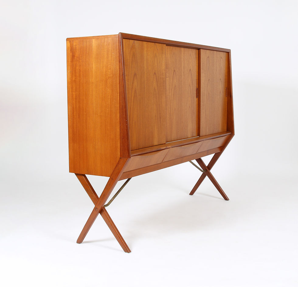 Thumbnail: Vintage Danish Teak Crossed Leg Hutch with Mirrored Bar Cabinet. SOLD