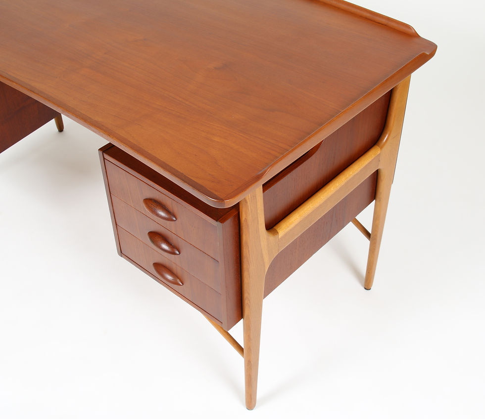 Thumbnail: Vintage Danish Teak Desk with Curved Top and Bar. SOLD
