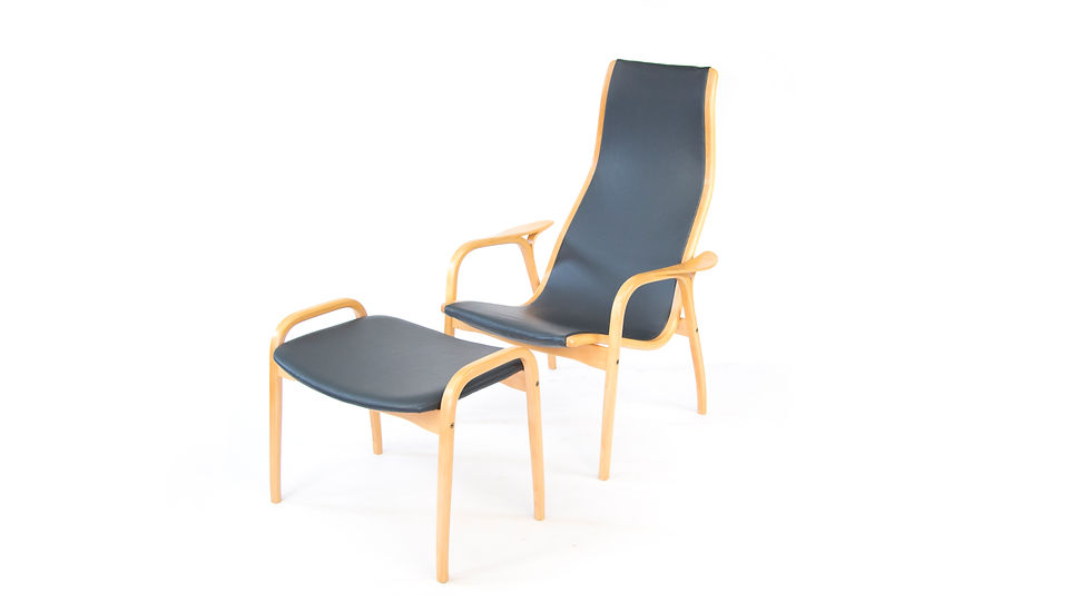 Yngve Ekstrom Lamino chair and ottoman black grey leather beech wood