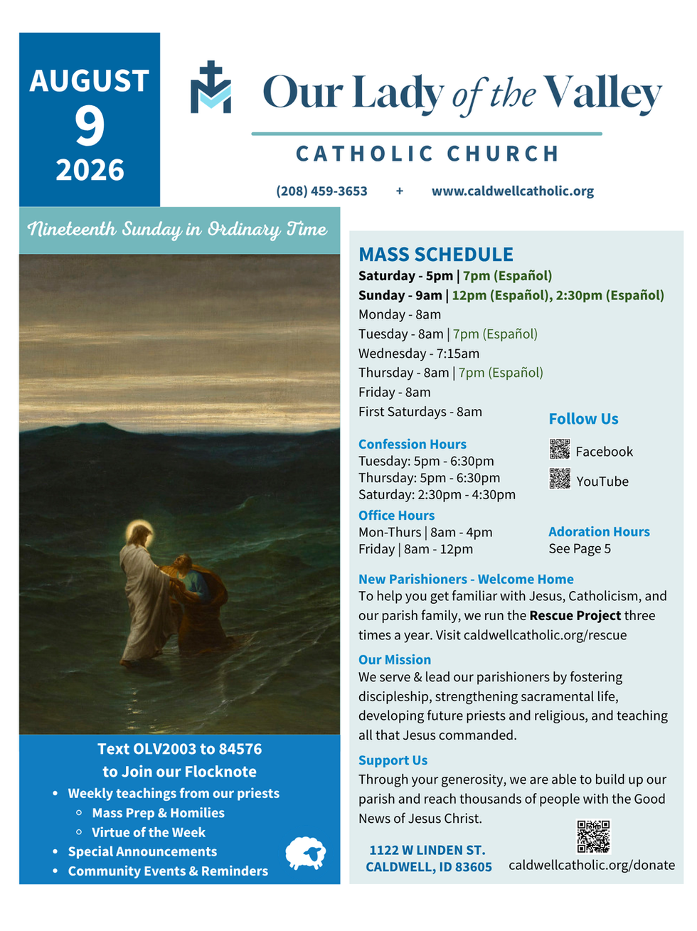 Bulletin for August 9, 2026 - Nineteenth Sunday in Ordinary Time