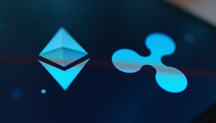 High angle view of Ethereum and Ripple logos on a digital screen