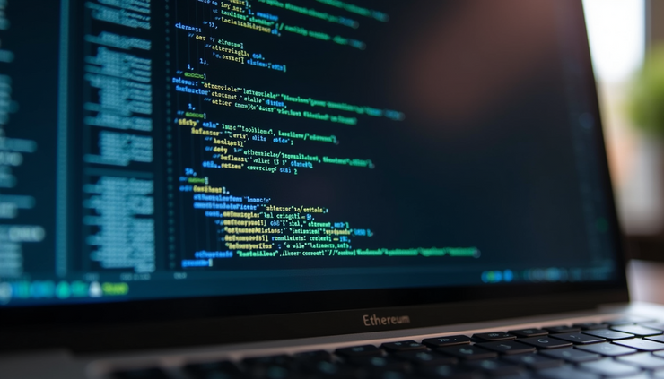 Eye-level view of a modern laptop displaying Ethereum code on screen