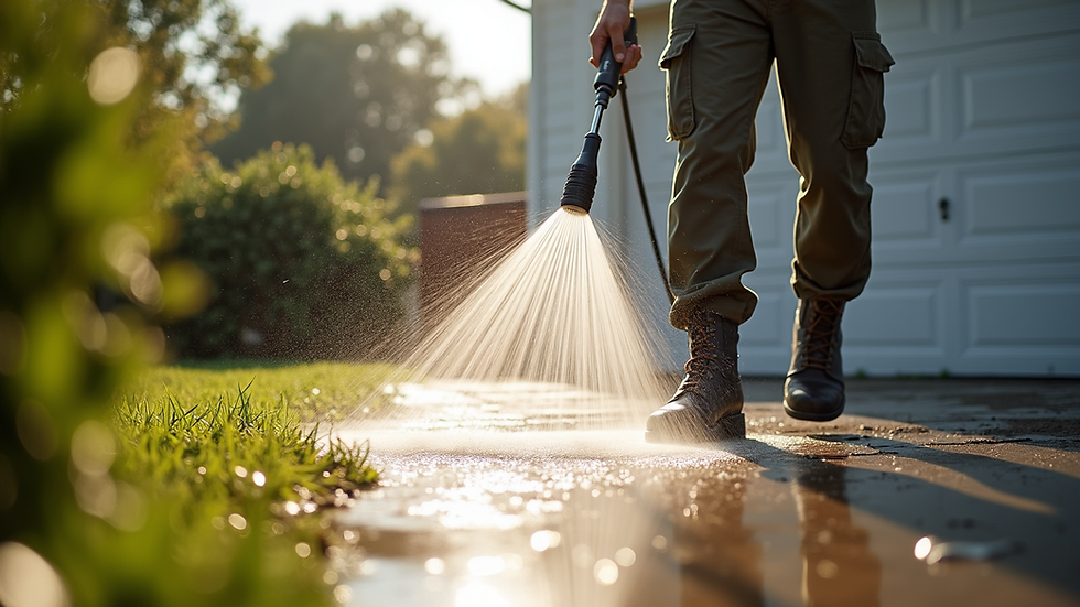 Eye-level view of a pressure washer cleaning a house exterior with eco-friendly soap