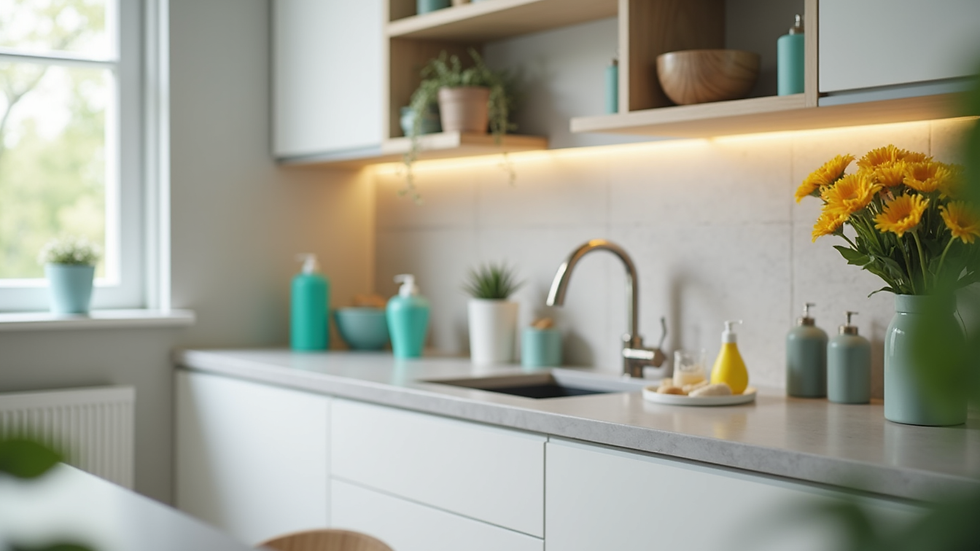 Eye-level view of a freshly cleaned modern kitchen with eco-friendly products