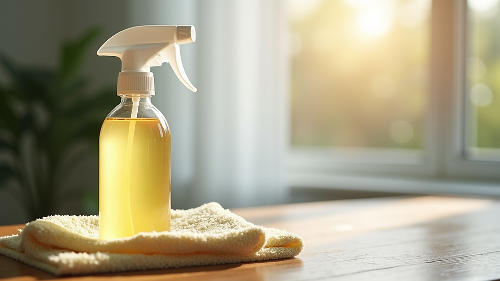 Close-up view of a natural cleaning spray bottle and microfiber cloth on a wooden table