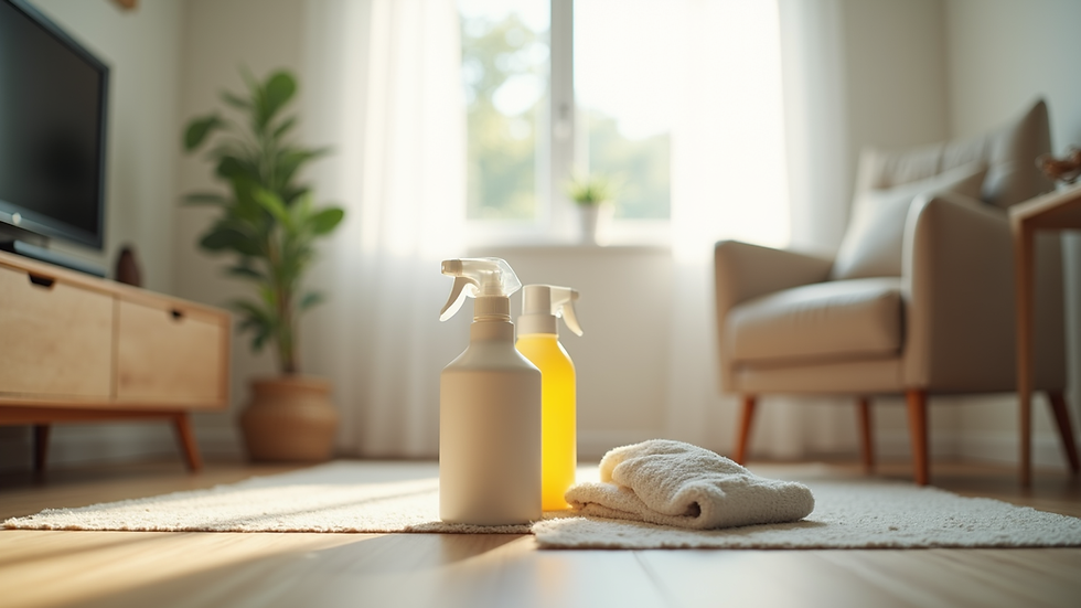 Eye-level view of a clean and organized living room with eco-friendly cleaning products