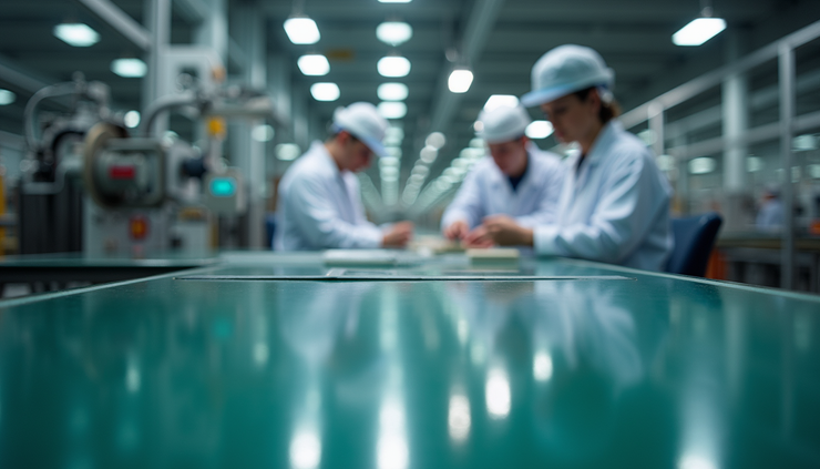 Eye-level view of a factory floor showing quality control and operations teams collaborating