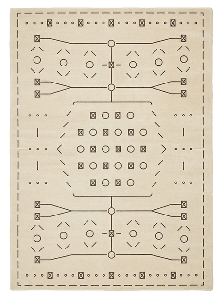 Ancient Signal rug — Knotted Code Berbère Source Series, 100% wool short pile, indigo blue geometric pattern on ivory ground, 240x170 cm
