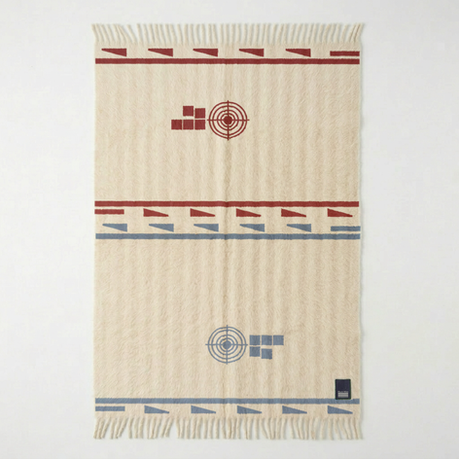 Soft Proof wool blanket in cream with red light blue geometric print registration motifs