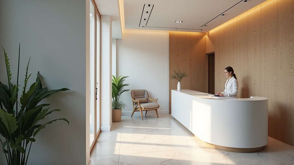 Eye-level view of a modern chiropractic clinic reception area