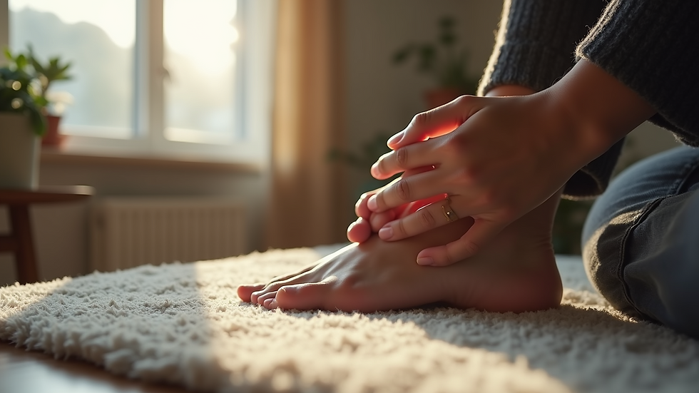 Eye-level view of a person practicing tapping therapy at home
