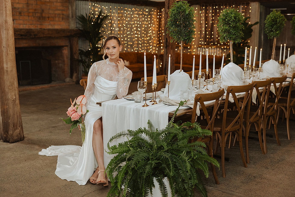 Refined cottagecore wedding styling by Van Dev Weddings in a rustic barn hinterland wedding venue on the gold coast with fairy light curtains, elegant reception tables and greenery