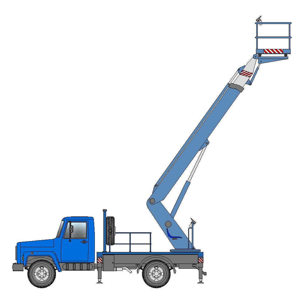 Автогидроподъемник (автовышка) ГАЗ-3307 с поднятой гидравлической стрелой, оснащен люлькой - вид сбоку