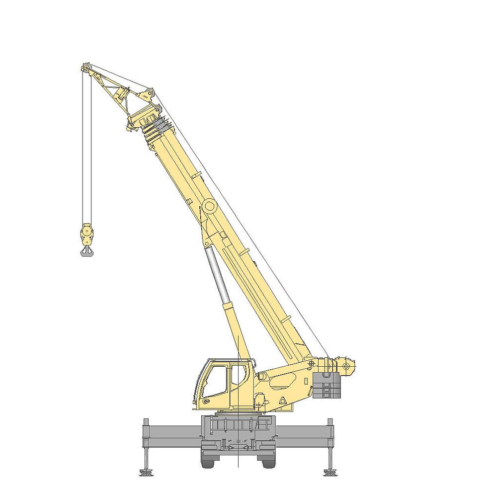 Миниатюра: Автомобильный кран 55 т Liebherr LTM 1055-3.2, желтый, грузоподъемность 55 т, трехосная база, поднятая стрела - вид сзади