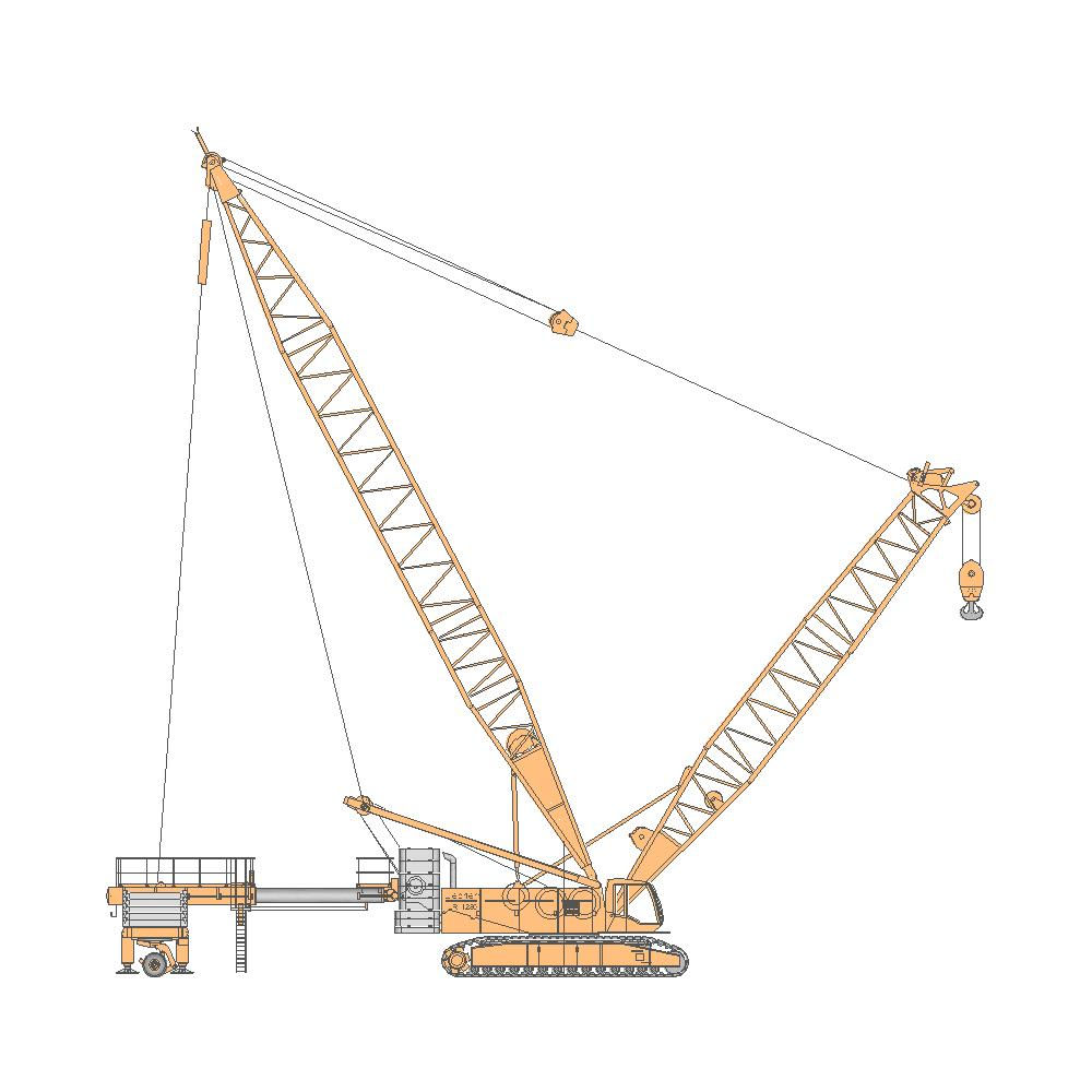 Гусеничный кран Liebherr LR 1280, желтый, грузоподъемность 280 т, поднятая стрела, деррик-стрела - вид сбоку, база вдоль