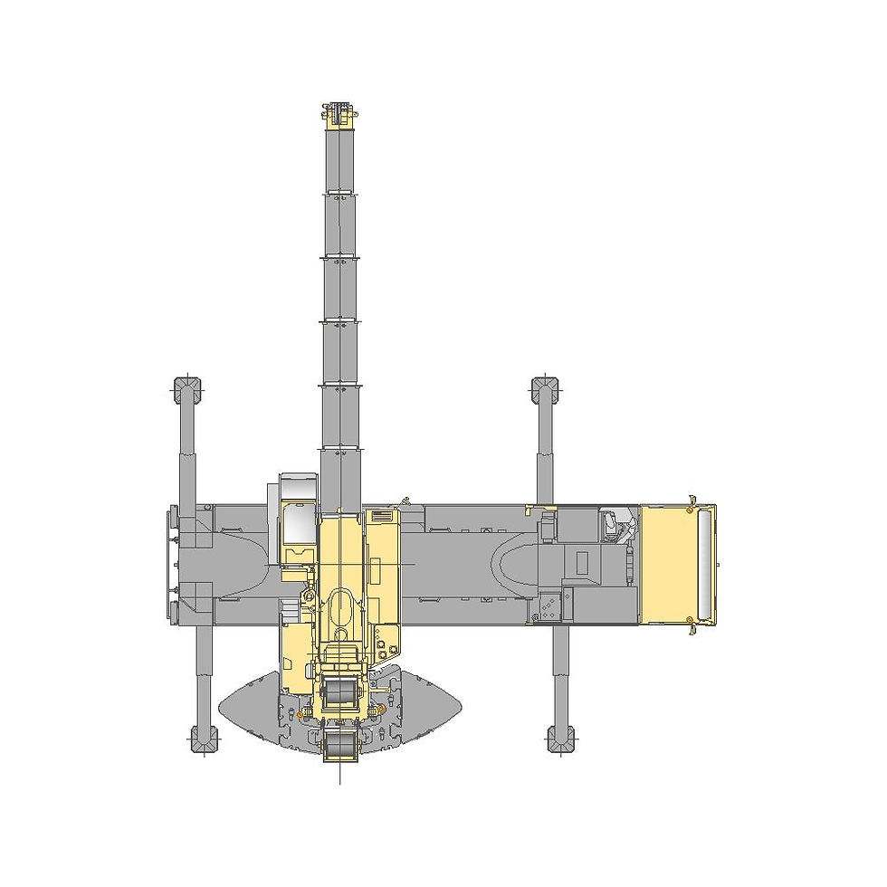 Миниатюра: Автомобильный кран Liebherr LTM 1150-5.3, желтый, грузоподъемность 150 т, пятиосная база, поднятая стрела - вид сверху
