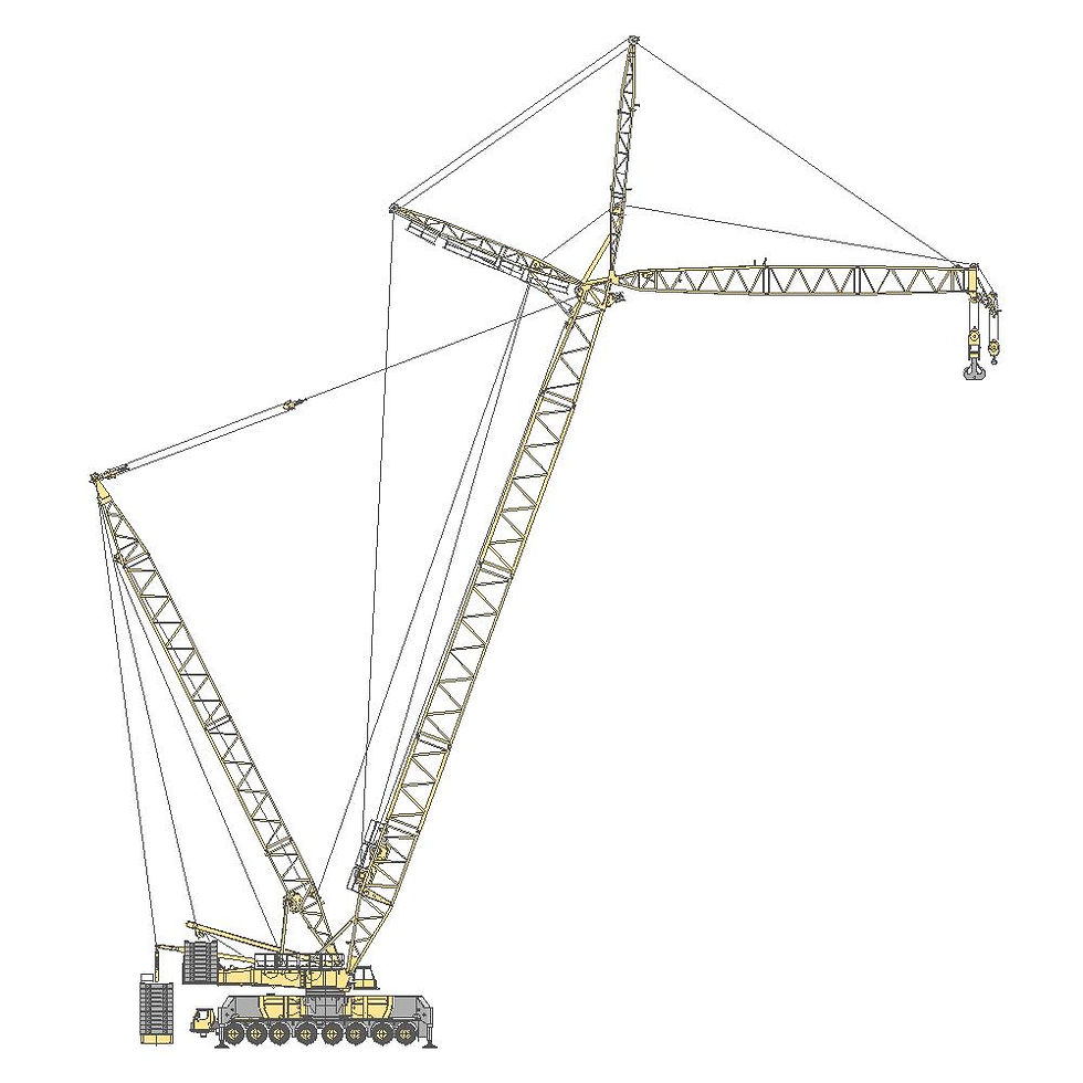 Автомобильный кран 750 т Liebherr LG 1750, желтый, грузоподъемность 750 т, восьмиосная база, поднятая стрела - вид сбоку