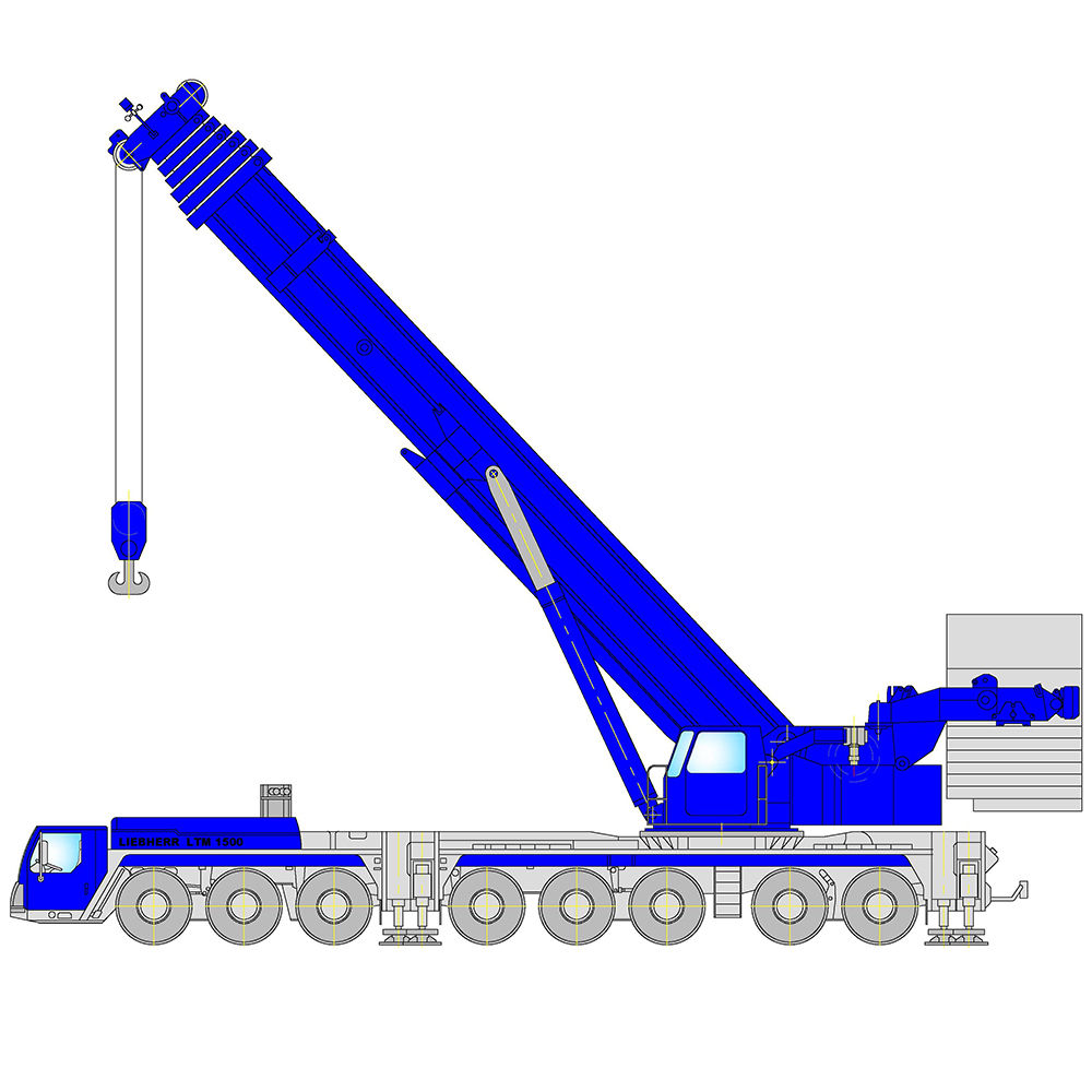 Автомобильный кран Liebherr LTM 1500-8.1, синий, грузоподъемность 500 т, восьмиосная база, поднятая стрела - вид сбоку