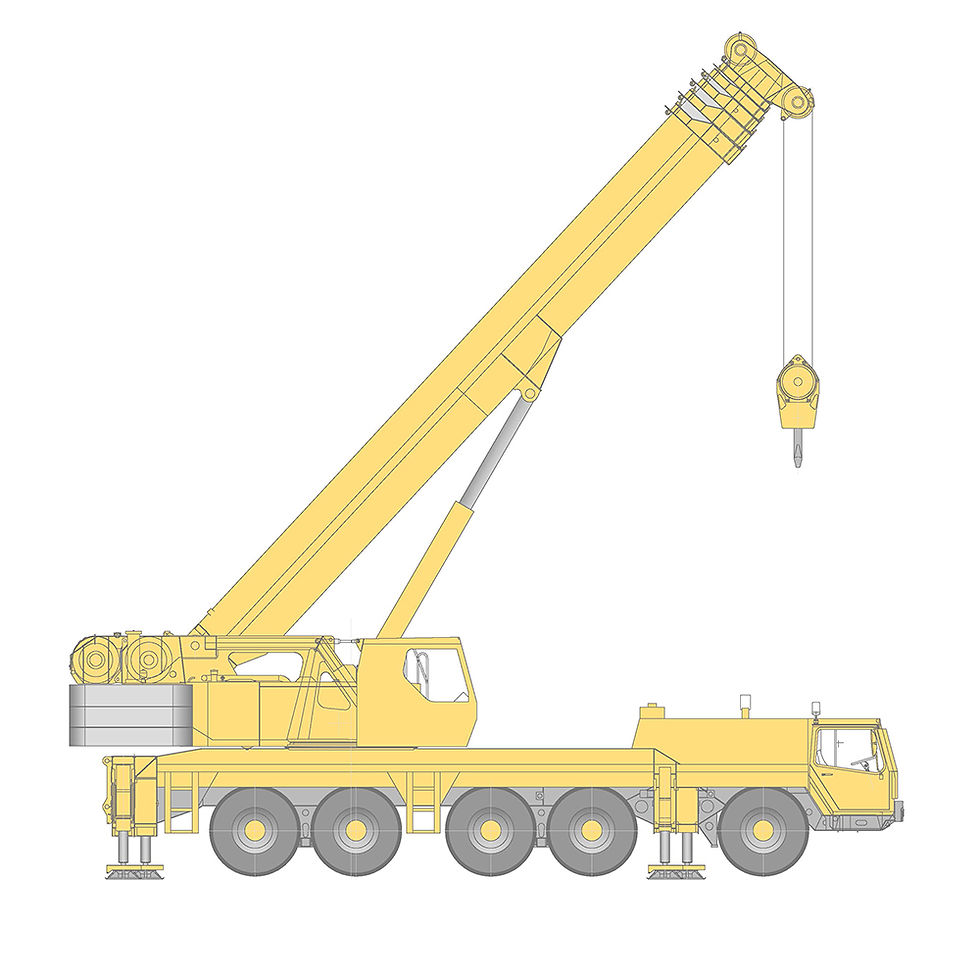 Миниатюра: Автомобильный кран Liebherr LTM 1160-5.1, желтый, грузоподъемностью 160 т, пятиосная база, поднятая стрела - вид сбоку