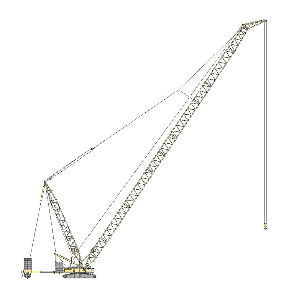 Гусеничный кран 350 т Liebherr LR-1350-1, желтый, грузоподъемность 350 т, поднятая решетчатая стрела - вид сбоку