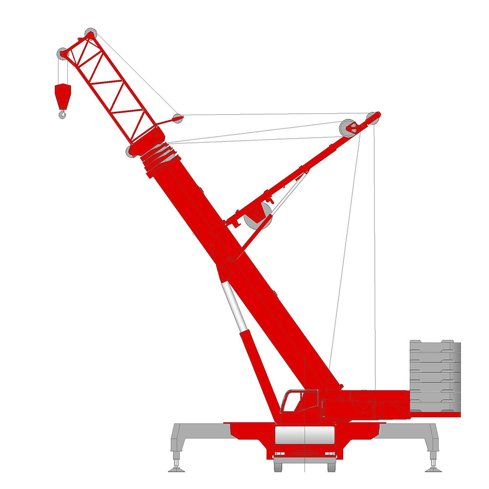 Миниатюра: Автомобильный кран Demag Terex AC 700-9, красный, грузоподъемность 700 т, девятиосная база, поднятая стрела - вид спереди