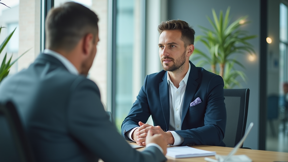 Vue en plongée d’un conseiller en assurance discutant avec un entrepreneur dans un bureau moderne