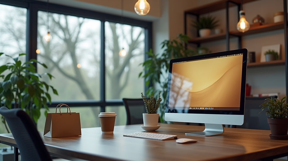 Vue rapprochée d’un bureau avec un ordinateur affichant une boutique Shopify