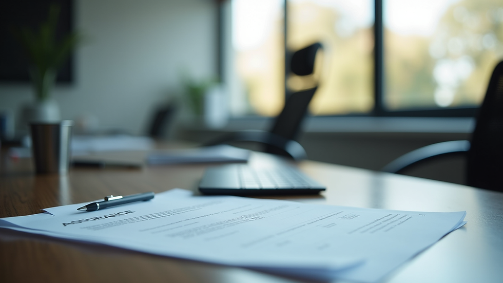 Vue rapprochée d’un bureau avec des documents d’assurance et un ordinateur portable