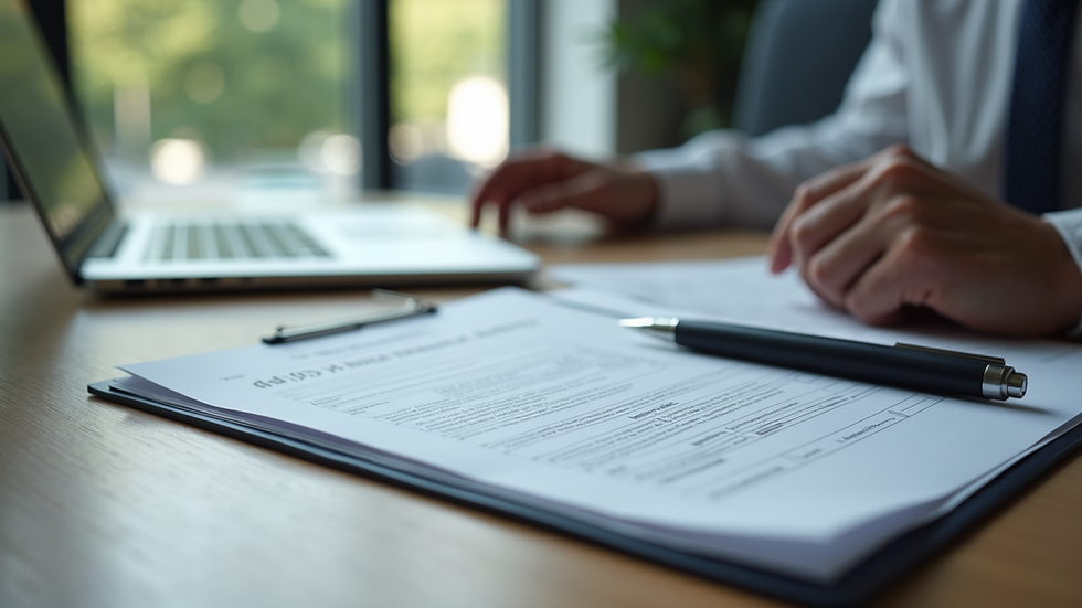 Vue rapprochée d’un bureau avec des documents d’assurance et un ordinateur portable