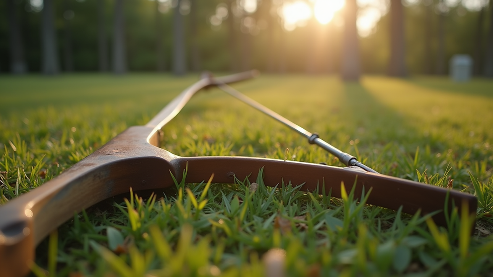 Eye-level view of a traditional wooden bow resting on a grassy field