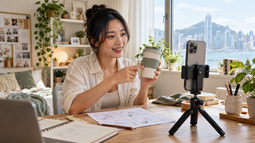 Hong Kong creator filming a coffee cup demonstration with a vertical phone and storyboard sketches on the desk.