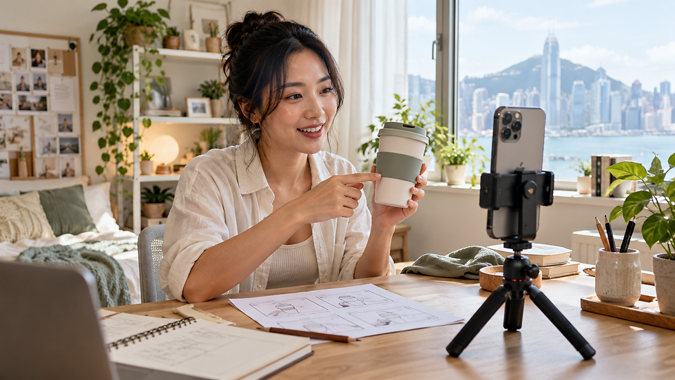 Hong Kong creator filming a coffee cup demonstration with a vertical phone and storyboard sketches on the desk.