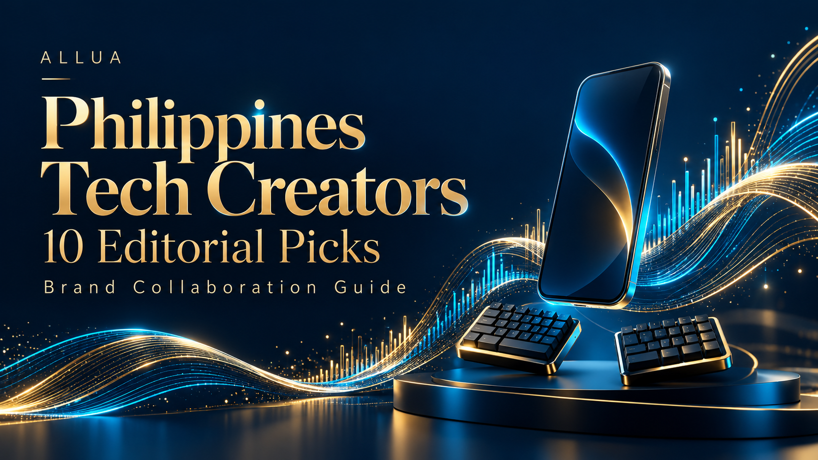Abstract phone, keyboard and sound-wave shapes introducing a Philippines tech creator collaboration guide.