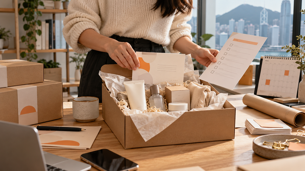 A Hong Kong brand team preparing an influencer gift package, invitation card and expectations checklist.