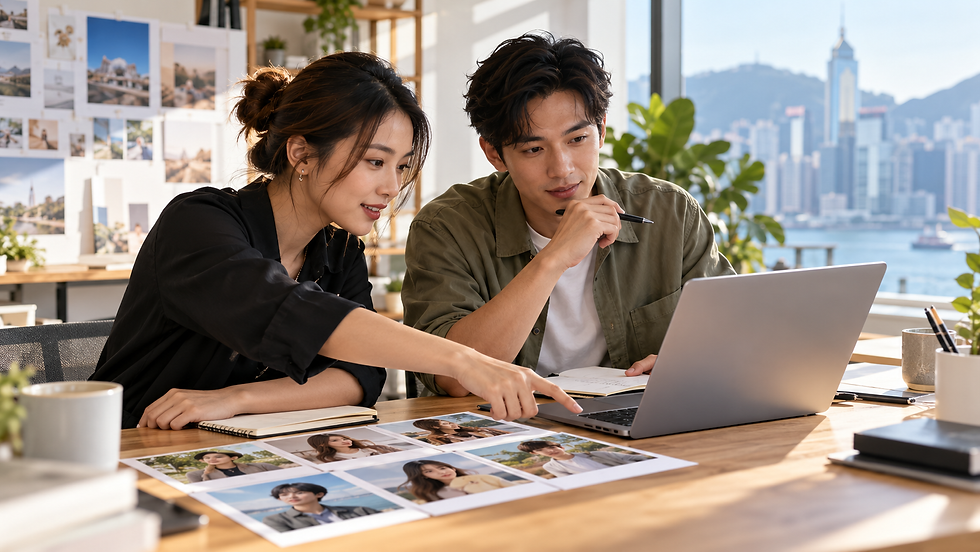 Two Hong Kong brand planners reviewing creator profiles and drafting a collaboration invitation at a desk.